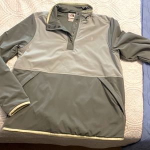 Women’s North Face pullover. Size L. Gray and green with yellow trim.